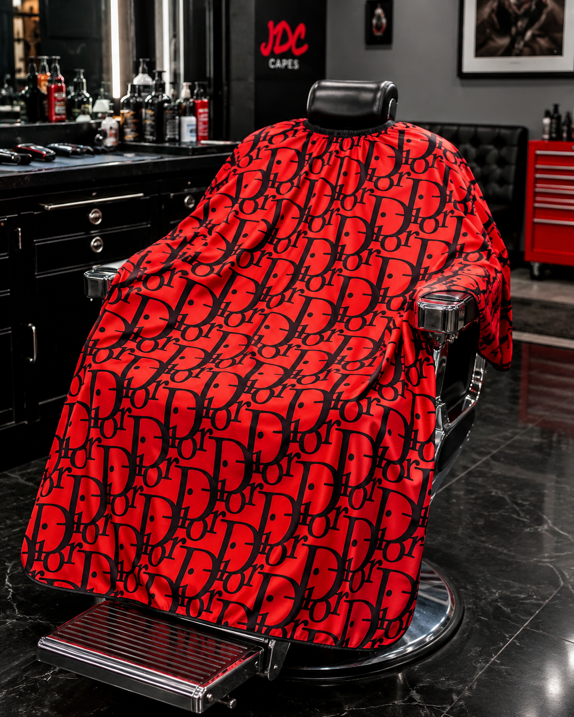 28. JDC Red Luxury Monogram Barber Cape