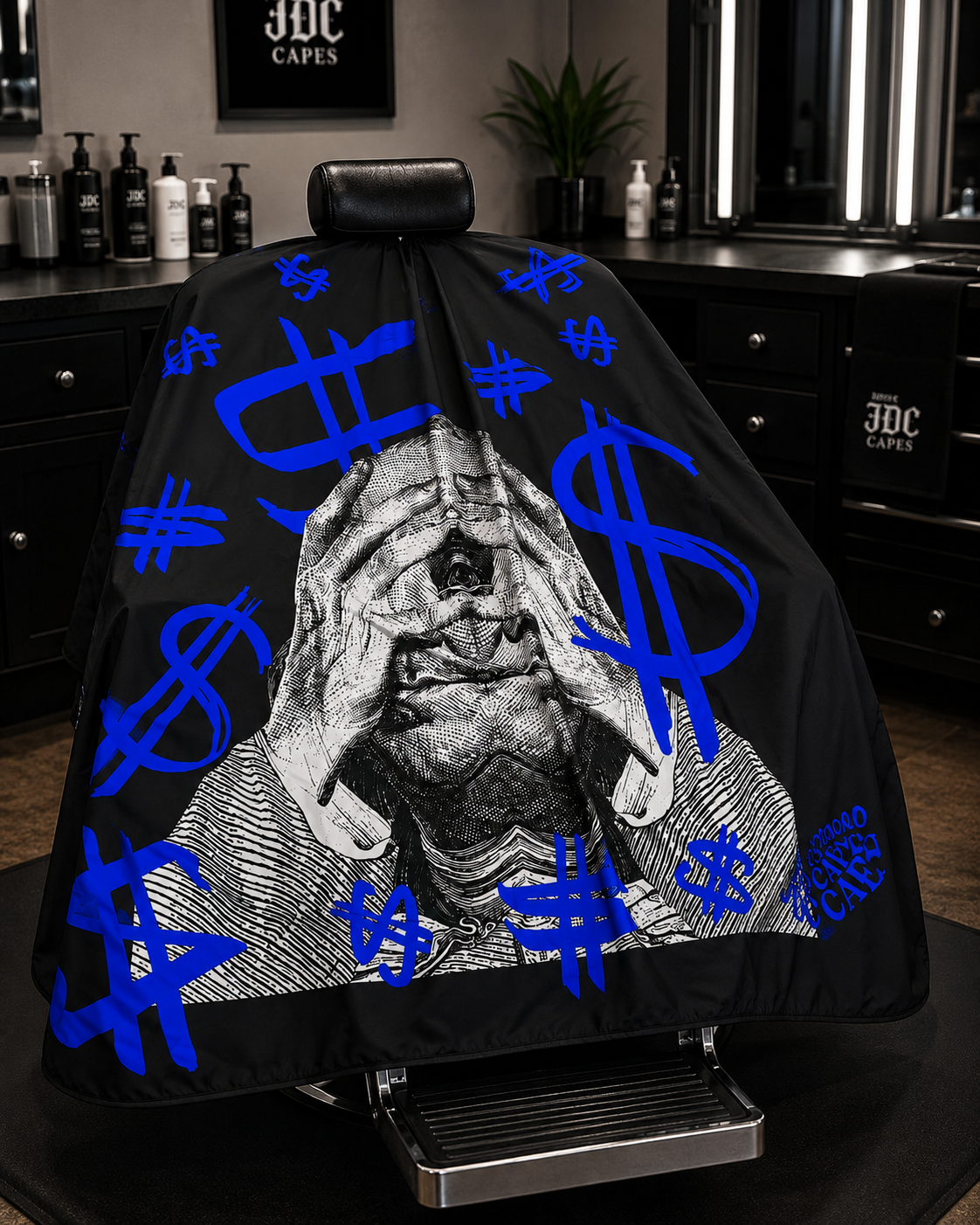 52. Money Crazy Barber Cape – Black & Royal Blue