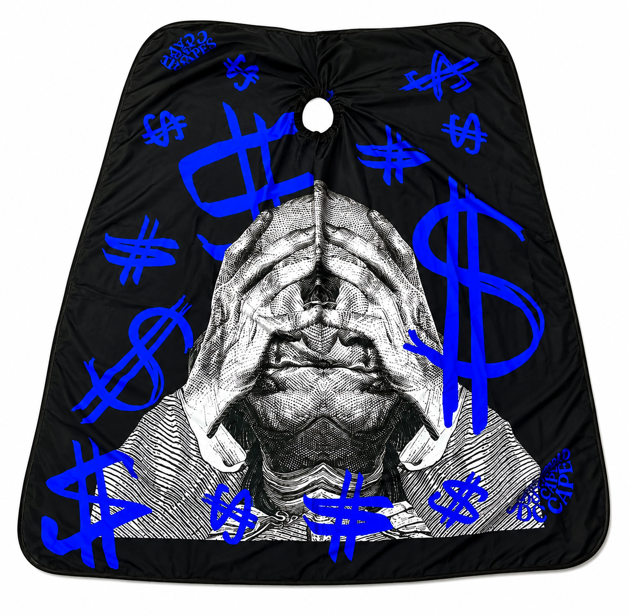 52. Money Crazy Barber Cape – Black & Royal Blue