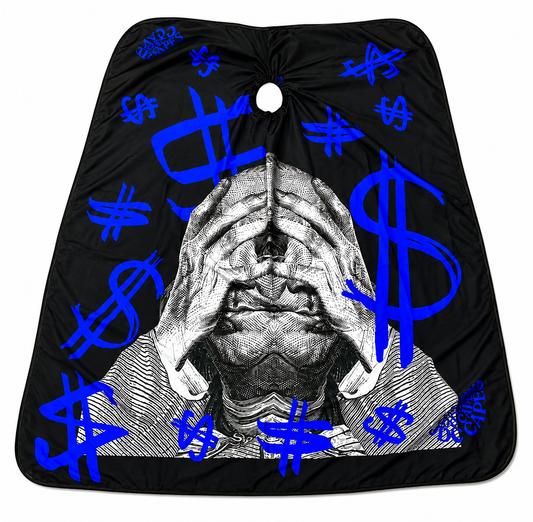52. Money Crazy Barber Cape – Black & Royal Blue