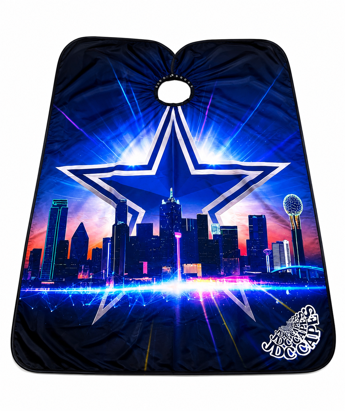 55. Dallas Star Barber Cape – Black, Blue & Silver