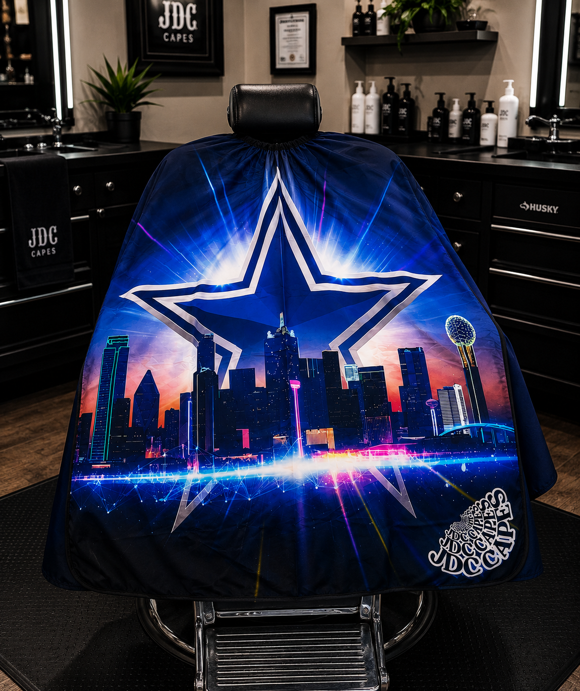 55. Dallas Star Barber Cape – Black, Blue & Silver
