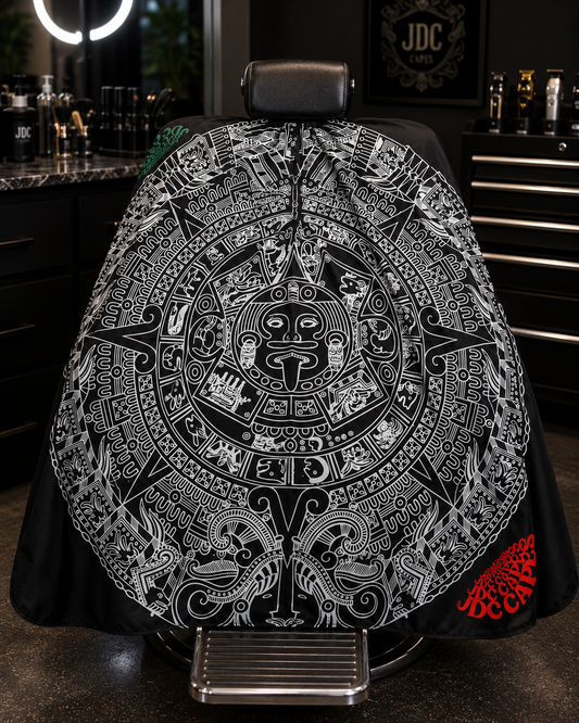 60. Black Aztec Calendar Barber Cape