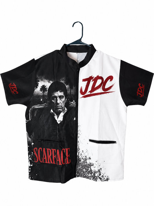 113. Scarface Barber Smock – Black, White & Red
