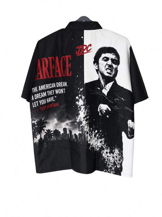 113. Scarface Barber Smock – Black, White & Red