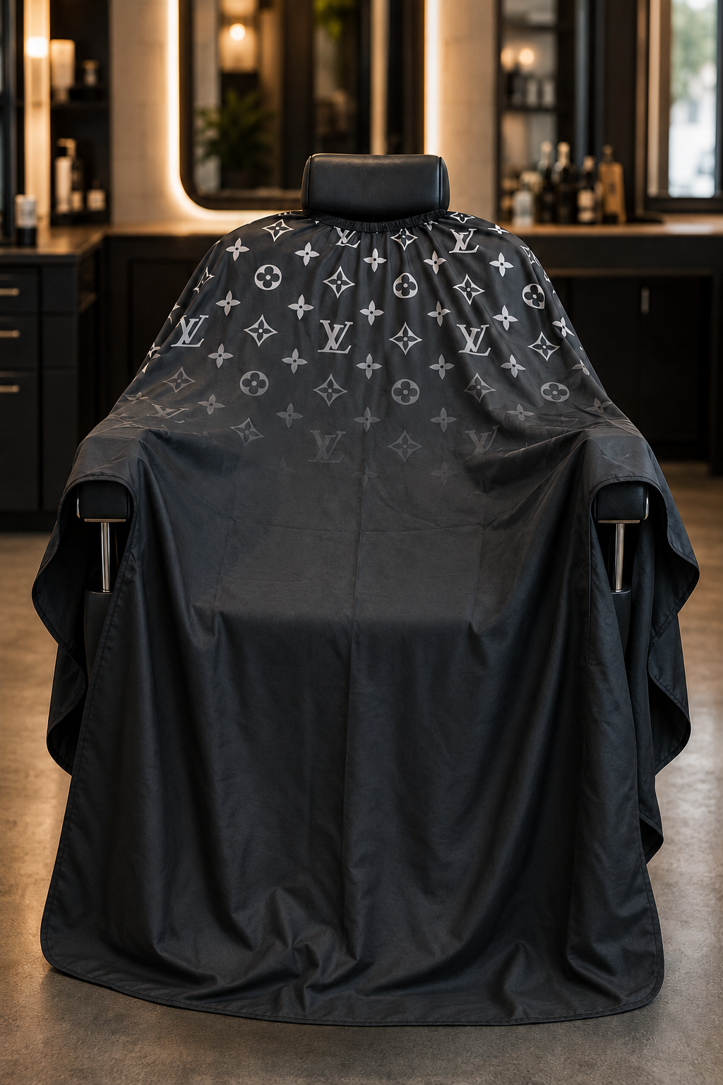 94.Black & Silver Luxury Monogram Barber Cape